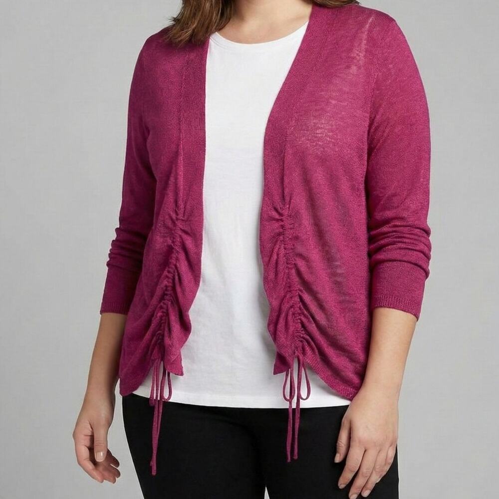 Dressbarn Womens Medium Open Front Cardigan Sweater with Ruching Purple